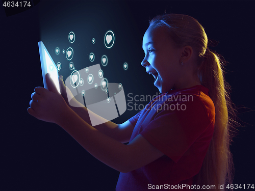 Image of Girl connecting and sharing social media. Modern UI icons, communication, devices