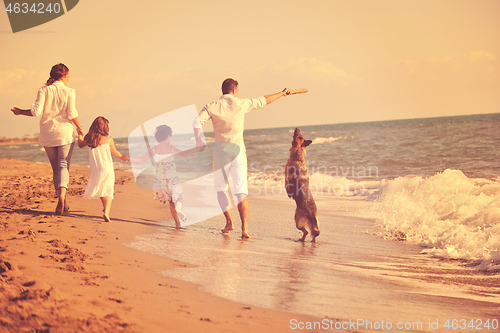 Image of happy family playing with dog on beach