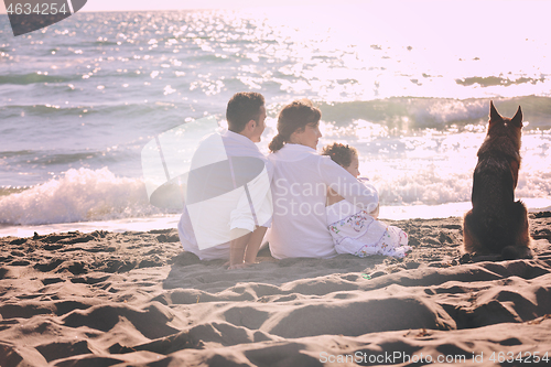 Image of happy family playing with dog on beach