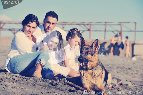 Image of happy family playing with dog on beach