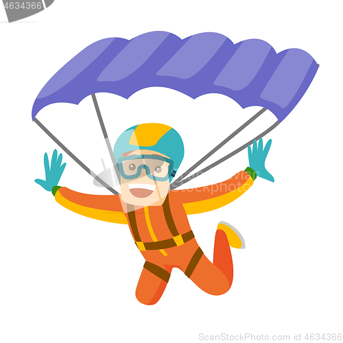 Image of Caucasian white man flying with a parachute.