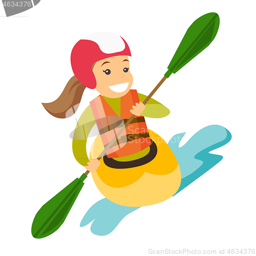 Image of Young caucasian white woman riding a kayak.