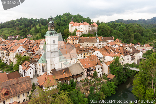 Image of Panoramic aerial view of medieval old town of Skofja Loka, Slovenia