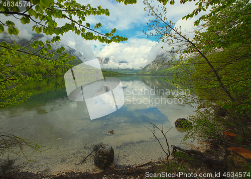 Image of Bohinjsko jezero between mountains in Slovenia