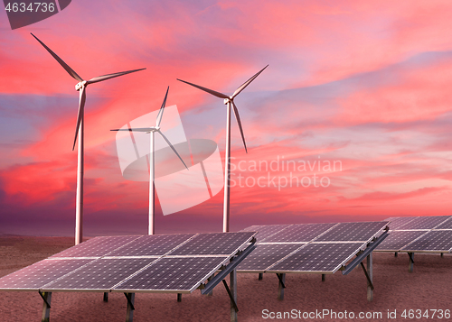 Image of Wind turbines and solar panels as alternative renewable energy.