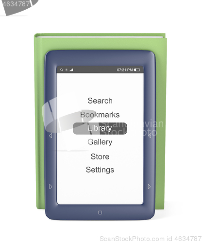 Image of Blue e-book reader and green book