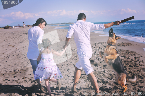 Image of happy family playing with dog on beach