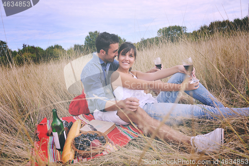 Image of happy couple enjoying countryside picnic in long grass