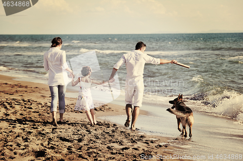 Image of happy family playing with dog on beach