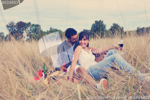 Image of happy couple enjoying countryside picnic in long grass