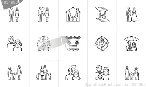 Image of Wedding and family hand drawn sketch icon set.