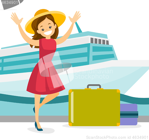 Image of Tourist goes to the cruise liner with a suitcase.