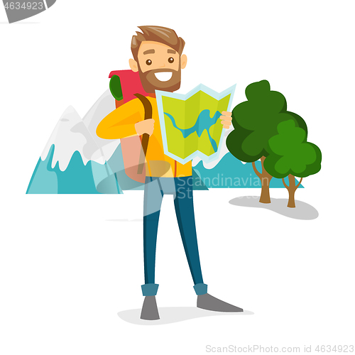 Image of Caucasian traveler with backpack looking at map.