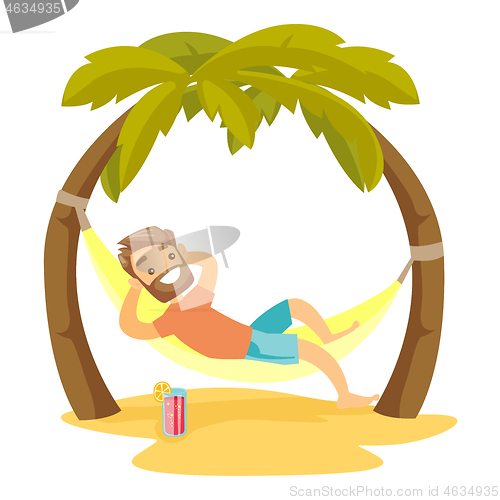 Image of Caucasian white man lying in hammock on the beach.