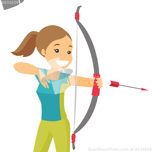 Image of Caucasian white sportswoman holding bow and arrow.