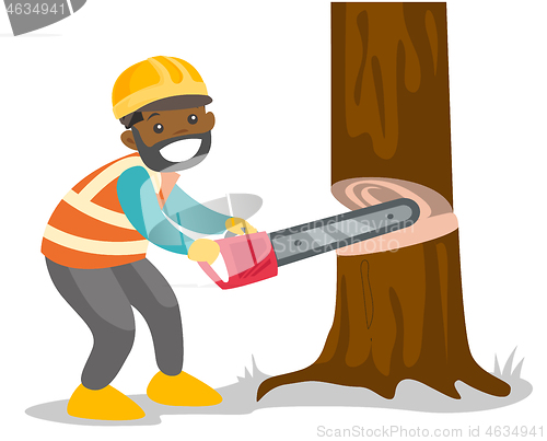 Image of African-american woodcutter working with chainsaw