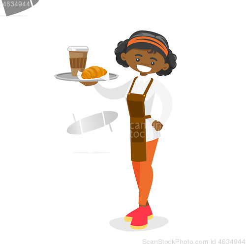 Image of Waitress holding tray with coffee and croissant.