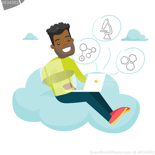 Image of African student sitting on the cloud with laptop