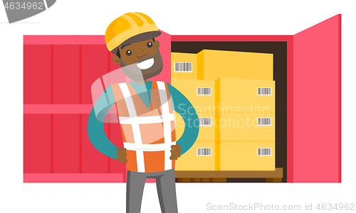 Image of African worker and cargo container with boxes.