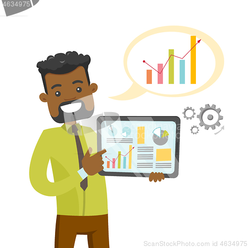 Image of African executive using tablet for presentation.