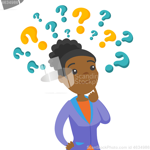 Image of Business woman thinking under question marks.