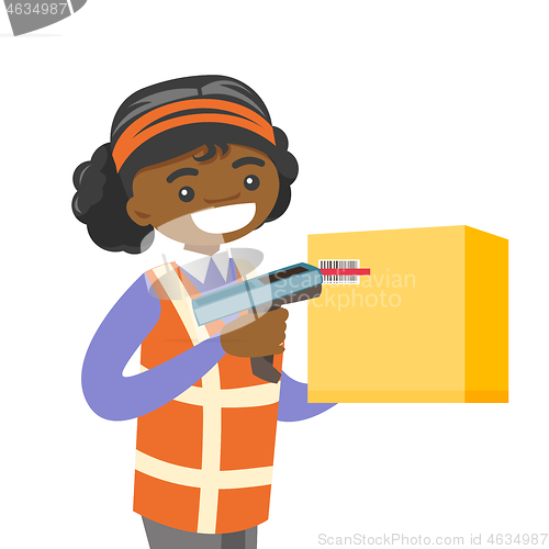 Image of African warehouse worker scanning barcode on box.