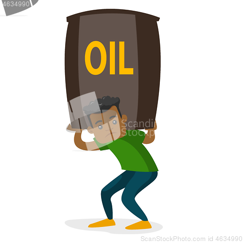 Image of Young african-american man carrying oil barrel.