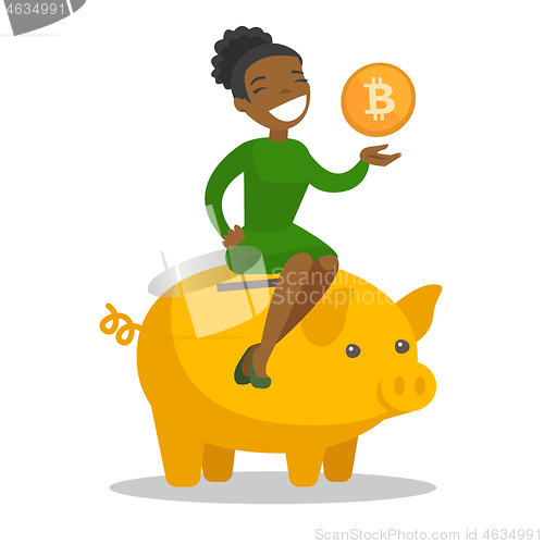 Image of African manager putting a coin in a piggy bank.