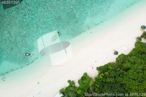 Image of Aerial drone view of picture perfect beach and turquoise lagoon on small tropical island on Maldives