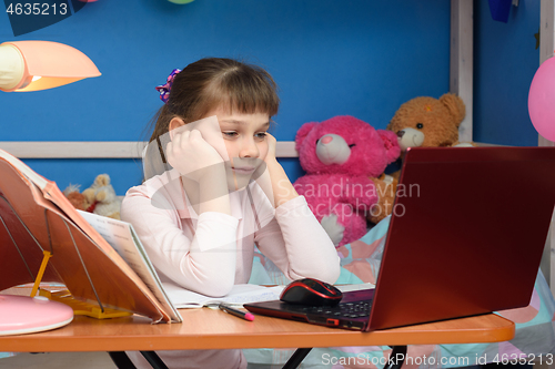 Image of brooding girl sits in front of a laptop with her hands in her head in the children\'s room