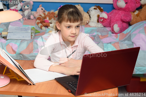 Image of nine-year-old girl sits before a laptop and does her homework