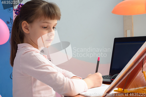 Image of Girl does a job from a textbook at home sitting at a table
