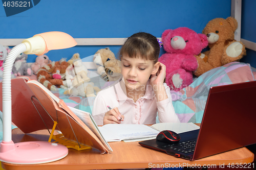 Image of Girl studies at home in front of laptop