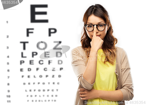 Image of woman in glasses or student over eye test chart