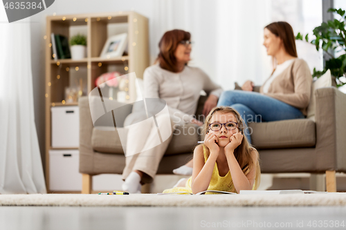 Image of student girl with notebook and dreaming at home