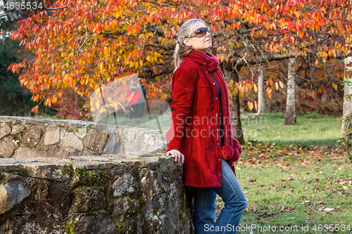 Image of Woman rests against rustic stone fence among autumn trees
