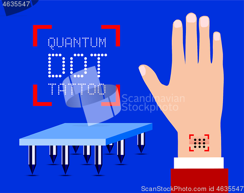 Image of Quantum dot tattoo. Methodology for tracking patient vaccination history. Vector illustration with a hand, an example of a tattoo and tattered needles in a row