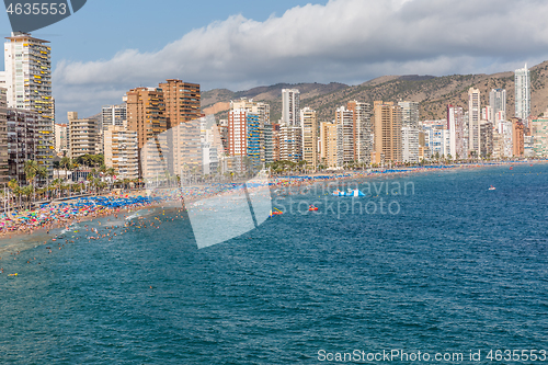 Image of Aerial view of Benidorm city on Costa Blanca in Spain with skyscrapers