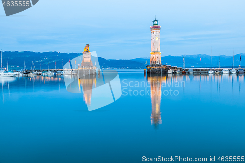 Image of Lighthouse at harbour in Lindau, Lake Constance in Germany. Bodensee.