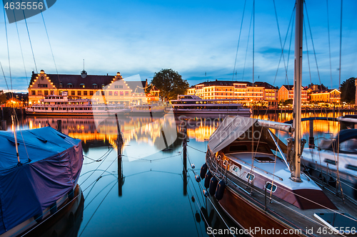 Image of Night view of old harbour and city Lindau, Lake Constance in Germany. Bodensee.