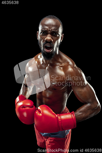 Image of Hand of boxer over black background. Strength, attack and motion concept