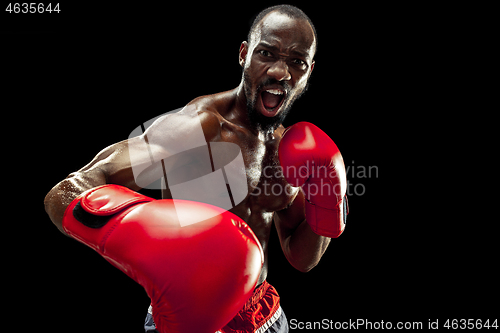 Image of Hand of boxer over black background. Strength, attack and motion concept