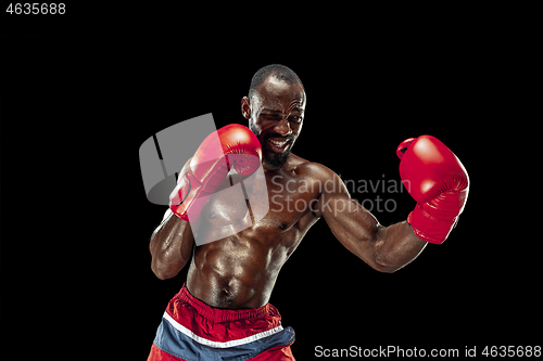 Image of Hand of boxer over black background. Strength, attack and motion concept