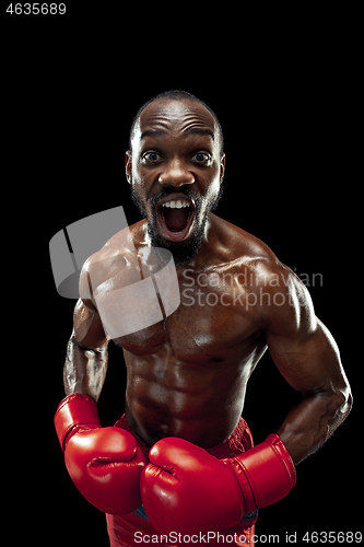 Image of Hand of boxer over black background. Strength, attack and motion concept