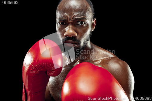 Image of Hand of boxer over black background. Strength, attack and motion concept