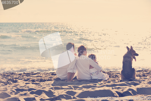 Image of happy family playing with dog on beach