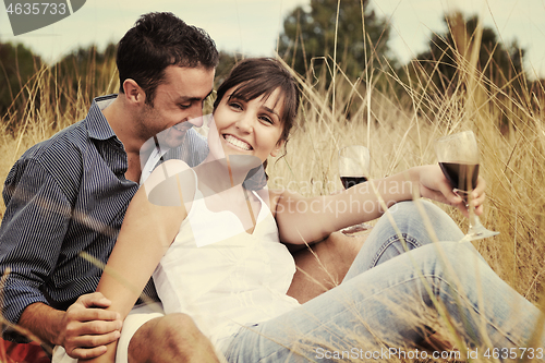 Image of happy couple enjoying countryside picnic in long grass