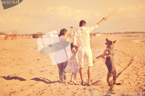 Image of happy family playing with dog on beach