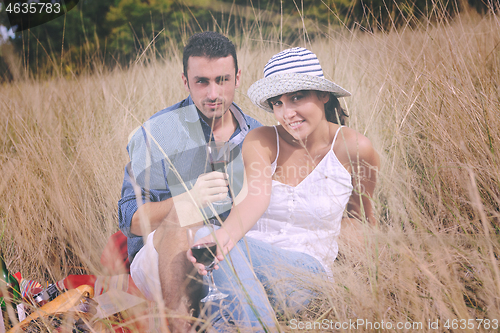 Image of happy couple enjoying countryside picnic in long grass