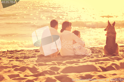 Image of happy family playing with dog on beach